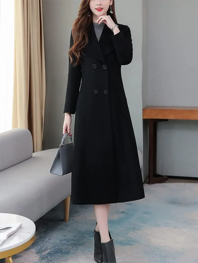 Kinghua Women's Double Breasted Wool Coats Winter Long Wool Pea Coat Overcoat