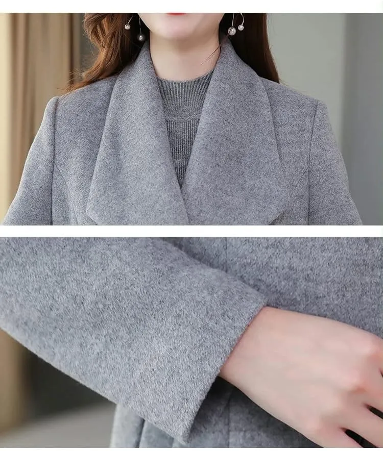 Kinghua Women's Double Breasted Wool Coats Winter Long Wool Pea Coat Overcoat