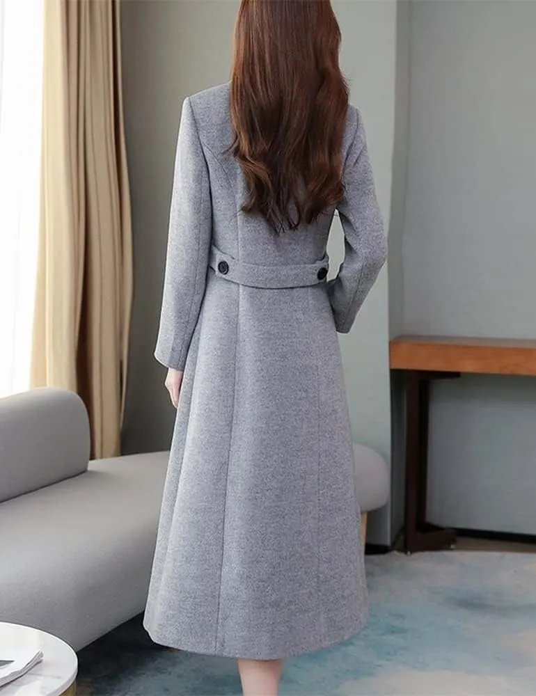 Kinghua Women's Double Breasted Wool Coats Winter Long Wool Pea Coat Overcoat