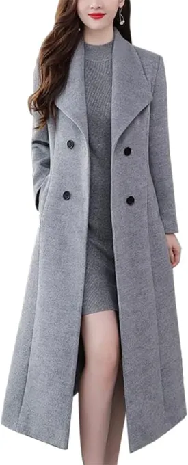 Kinghua Women's Double Breasted Wool Coats Winter Long Wool Pea Coat Overcoat