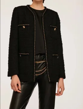 Long Sleeve Tweed Jacket With Chain Trim