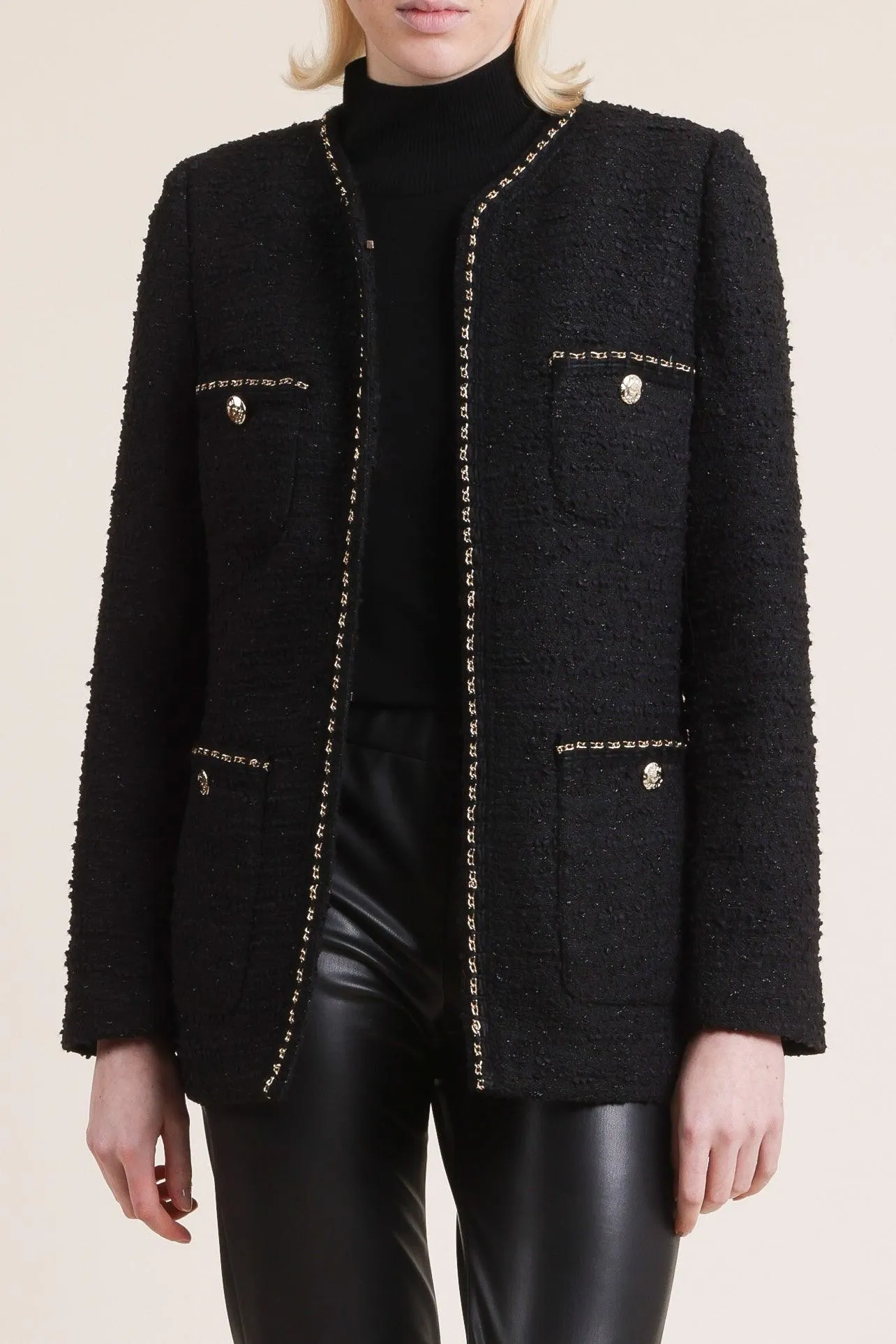 Long Sleeve Tweed Jacket With Chain Trim