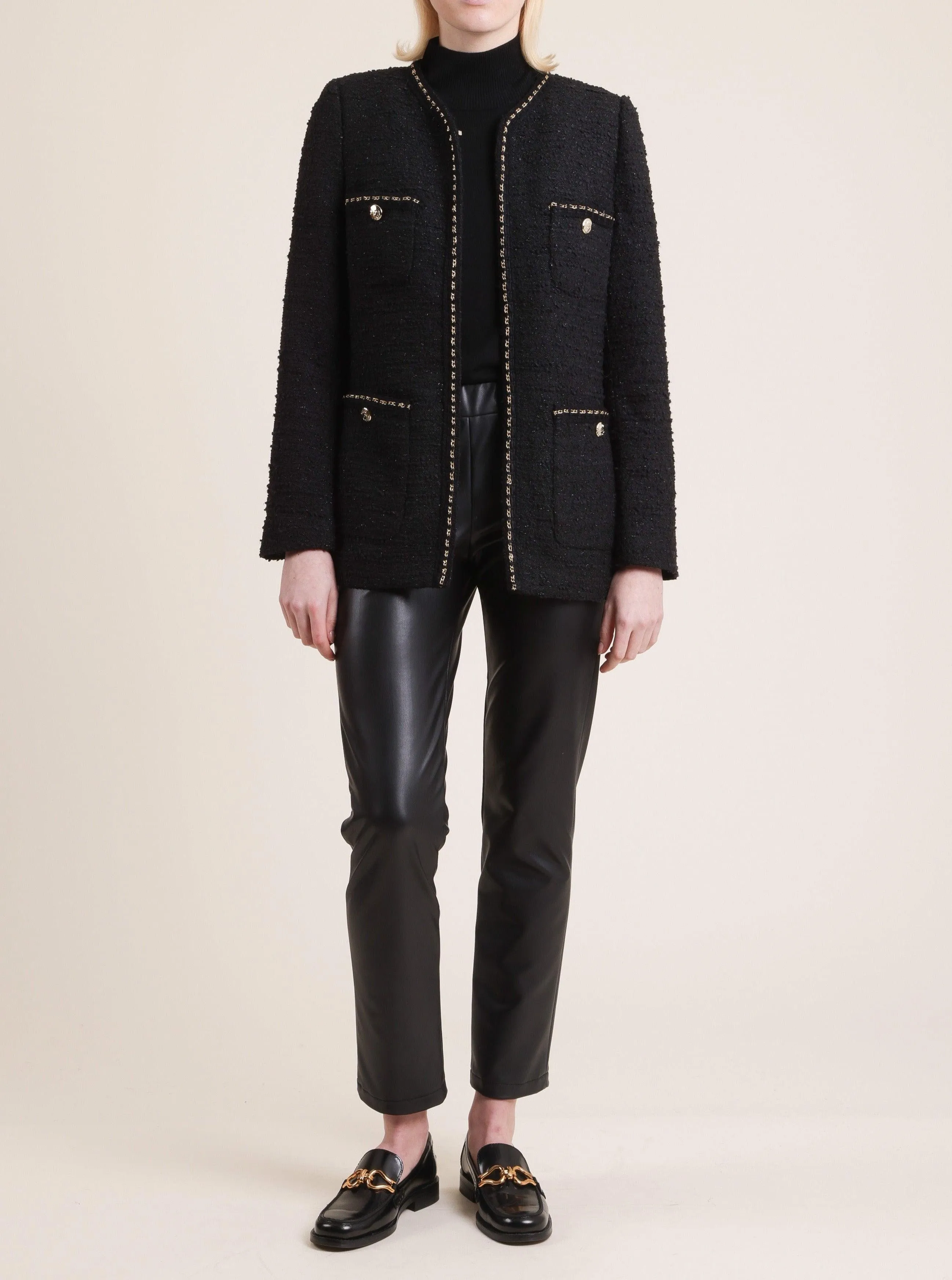 Long Sleeve Tweed Jacket With Chain Trim