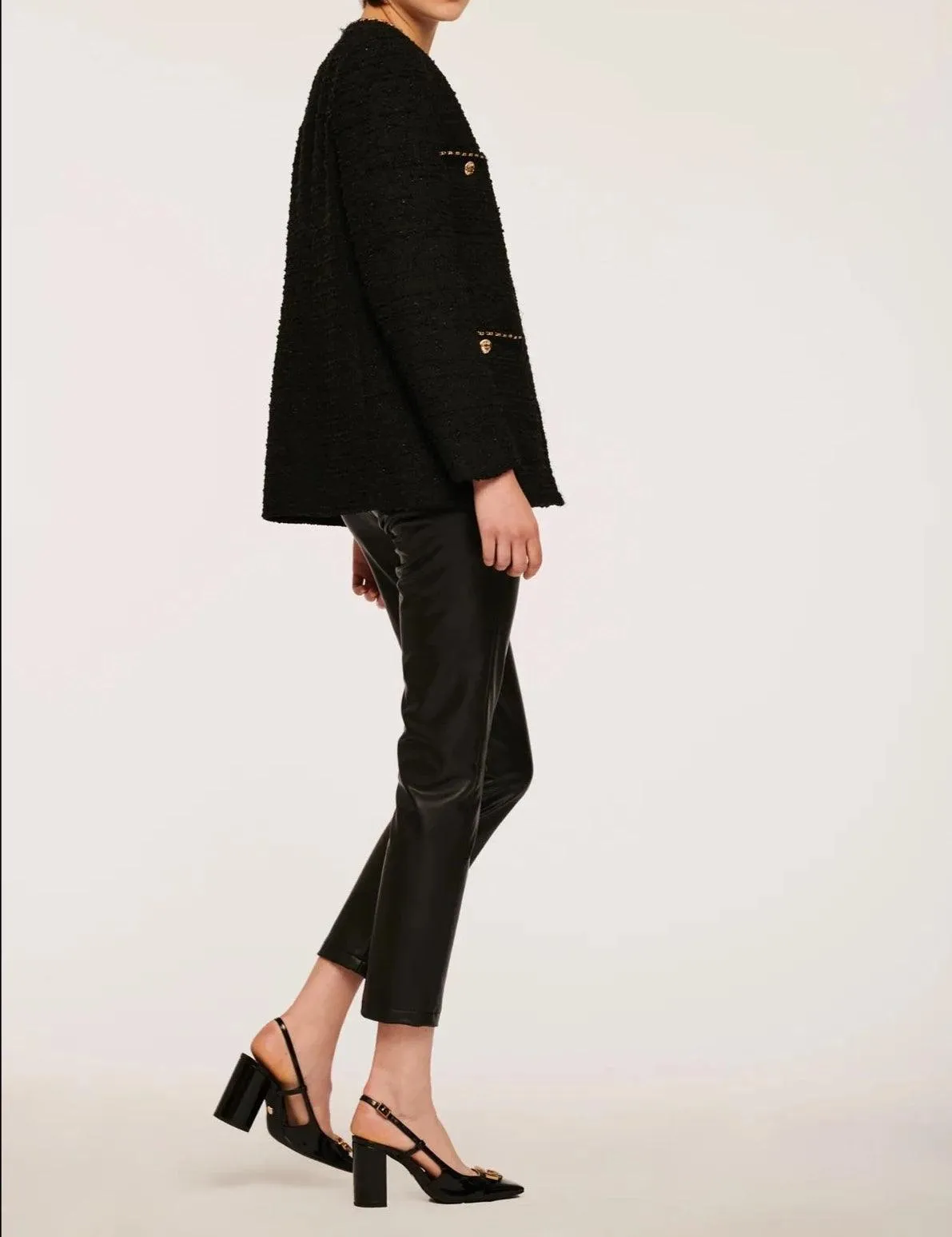 Long Sleeve Tweed Jacket With Chain Trim