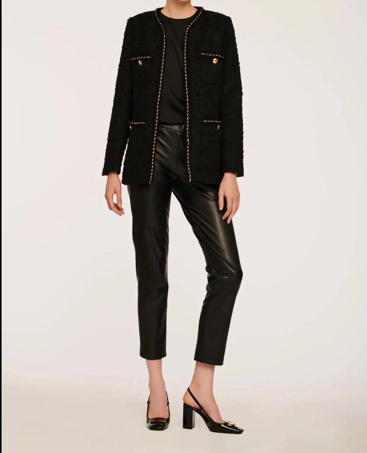 Long Sleeve Tweed Jacket With Chain Trim