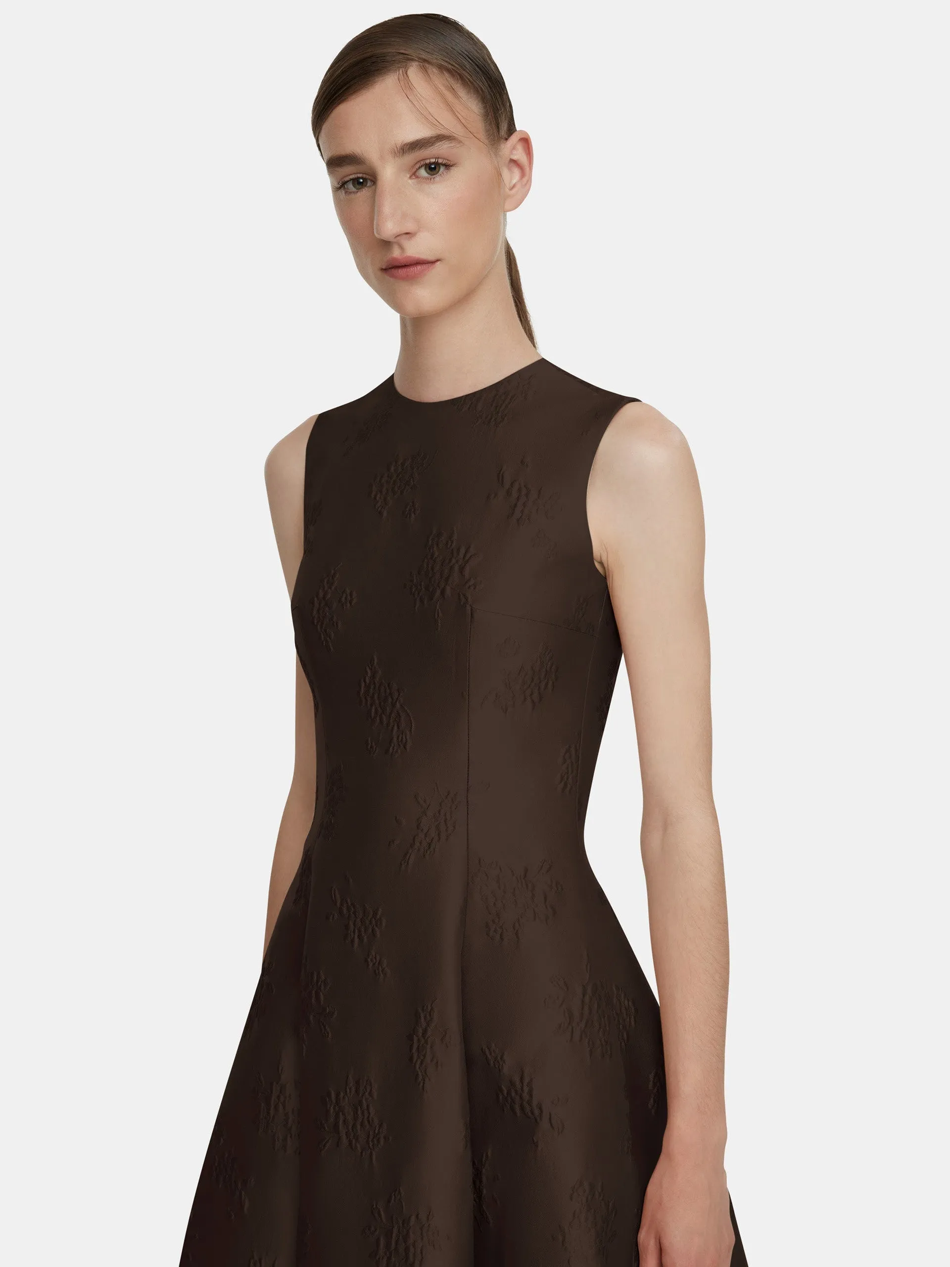 Mara dark brown ditsy floral jacquard dress