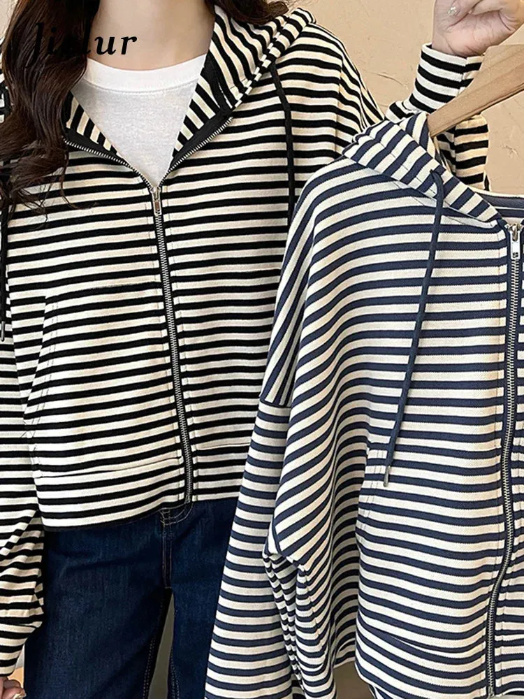 Metaversmall Chic Zipper Female Sweatshirt Hooded Spell Color Black Striped Hoodies Women Autumn Loose Short Jacket Tracksuit M-XL