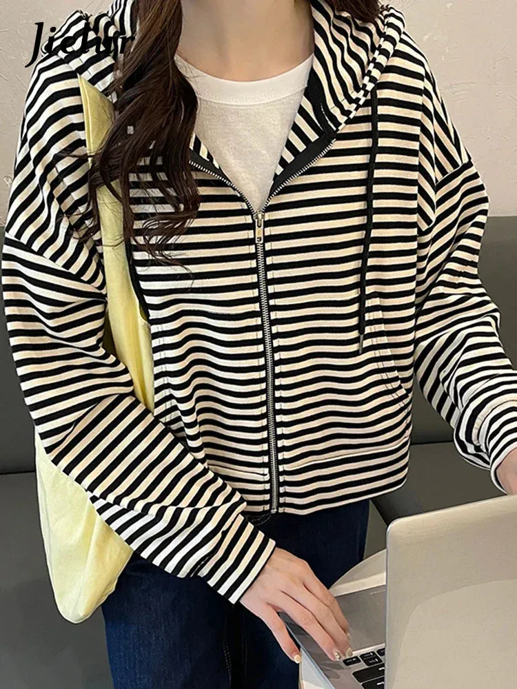 Metaversmall Chic Zipper Female Sweatshirt Hooded Spell Color Black Striped Hoodies Women Autumn Loose Short Jacket Tracksuit M-XL