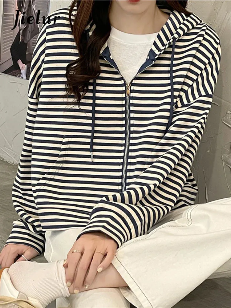 Metaversmall Chic Zipper Female Sweatshirt Hooded Spell Color Black Striped Hoodies Women Autumn Loose Short Jacket Tracksuit M-XL