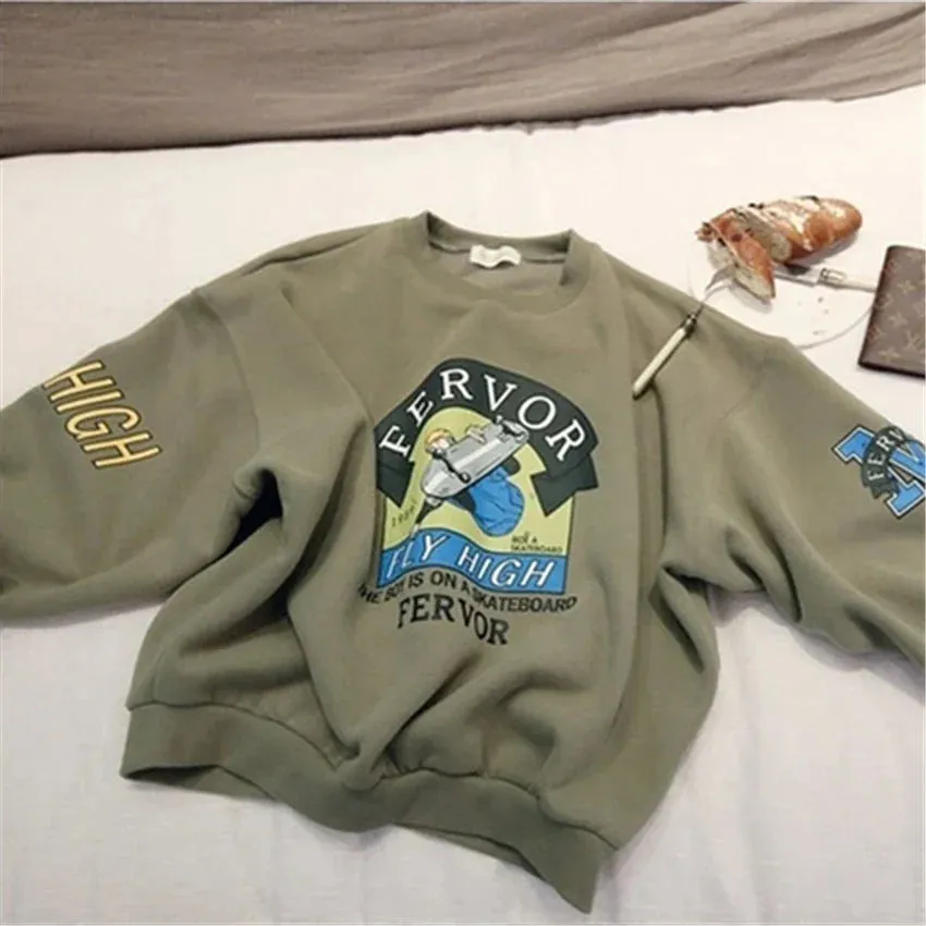 Metaversmall Winter Autumn Harajuku Funny Cartoon Tracksuit for Women Pullover Fleece Hoodies Loose Female Sweatshirt Army Green
