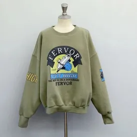 Metaversmall Winter Autumn Harajuku Funny Cartoon Tracksuit for Women Pullover Fleece Hoodies Loose Female Sweatshirt Army Green