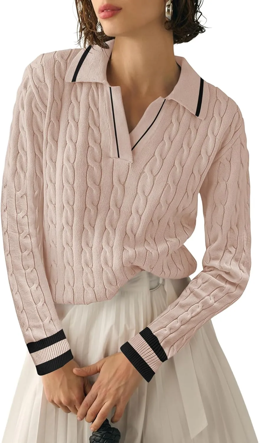 Micoson Womens Fall Long Sleeve Sweaters Lapel V Neck Cable Knitted Pullover Casual Soft Jumper Top