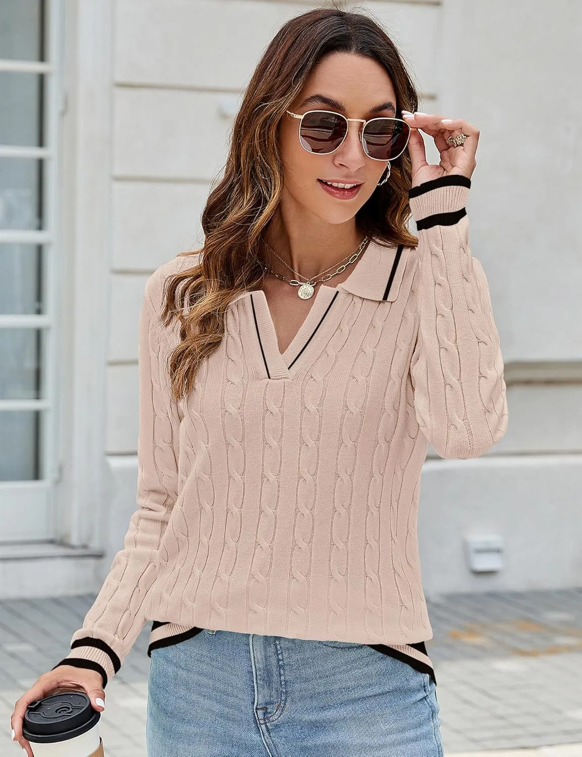 Micoson Womens Fall Long Sleeve Sweaters Lapel V Neck Cable Knitted Pullover Casual Soft Jumper Top