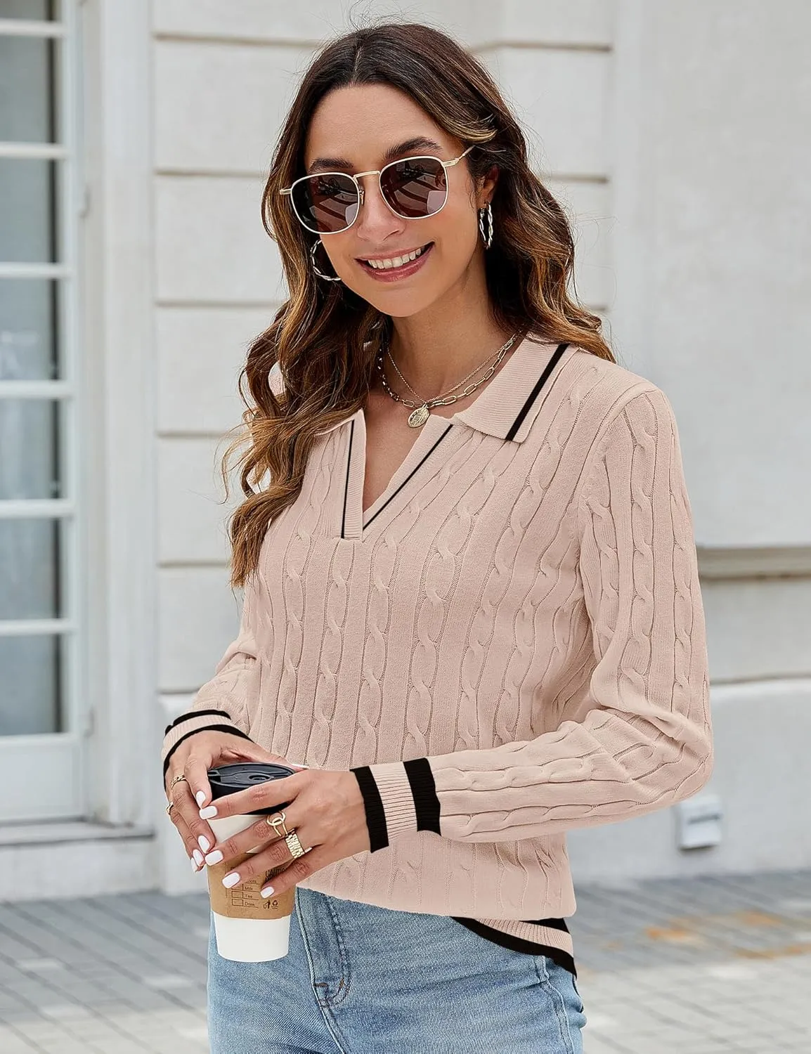 Micoson Womens Fall Long Sleeve Sweaters Lapel V Neck Cable Knitted Pullover Casual Soft Jumper Top