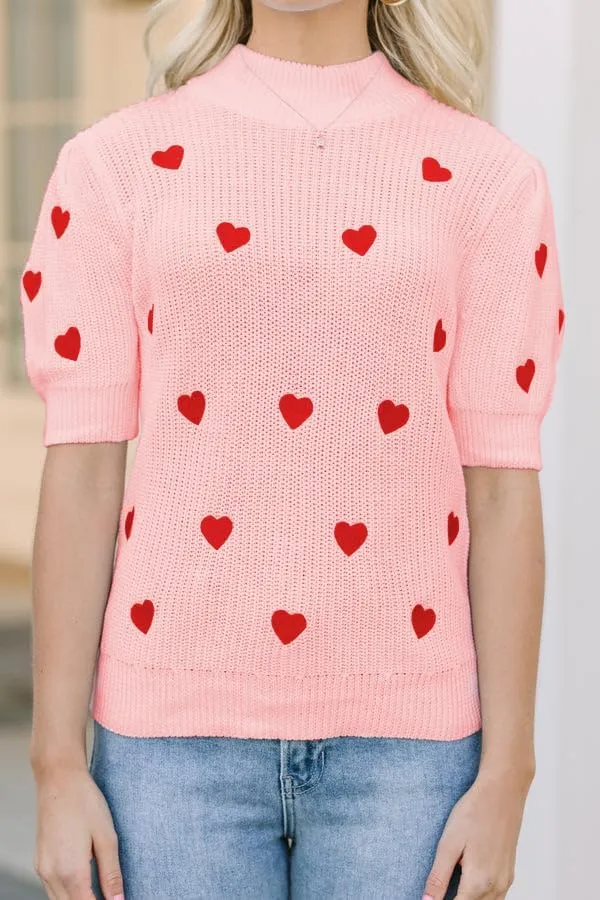 Pink Heart Graphic Sweaters for Women Short Puff Sleeve Vest Top Sweatshirt Holiday Colorful Heart Knit Tank Shirts