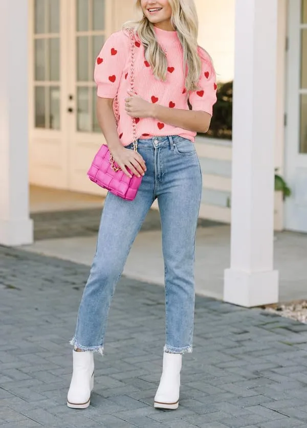 Pink Heart Graphic Sweaters for Women Short Puff Sleeve Vest Top Sweatshirt Holiday Colorful Heart Knit Tank Shirts