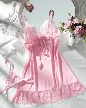 Pink Lace Lingerie Slip Nightdress Set Coquette Style