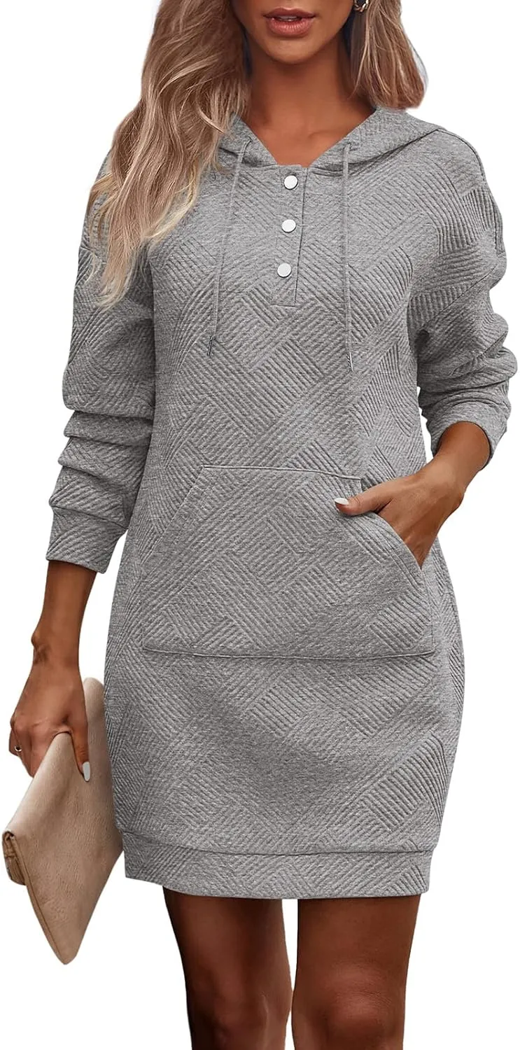 PRETTYGARDEN Long Sleeve Hoodies Dress 2024 Fall Trendy Texture Sweatshirts Outfits Button Hooded Winter Dresses with Pockets