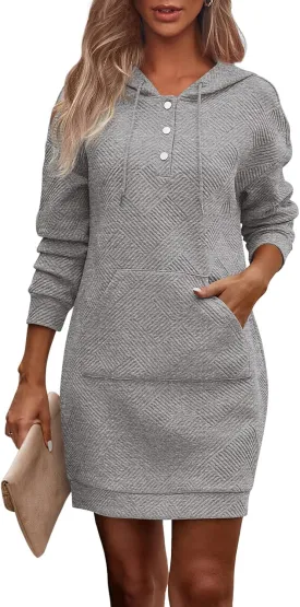 PRETTYGARDEN Long Sleeve Hoodies Dress 2024 Fall Trendy Texture Sweatshirts Outfits Button Hooded Winter Dresses with Pockets