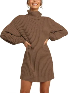 Prinbara Women Turtleneck Long Lantern Sleeve Casual Loose Oversized Sweater Dress Soft Winter Pullover Dresses