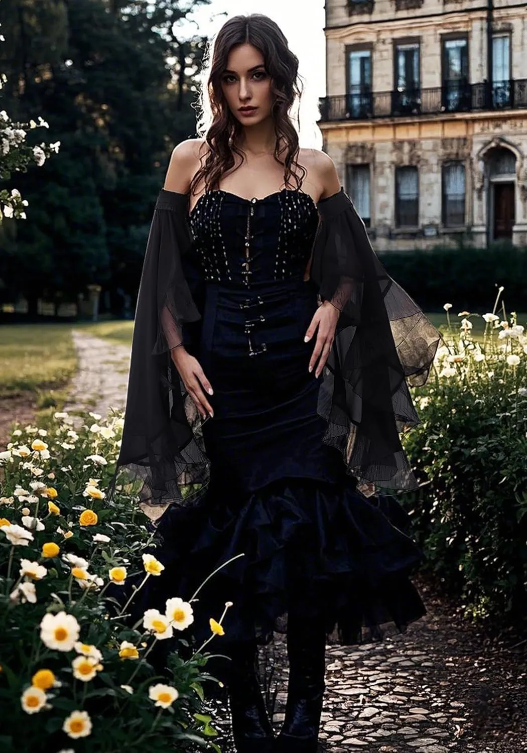 PROCOS Women Gothic Tulle Sleeves Mesh Cuffs Chiffon Victorian Detachable Sleeve Lace Arm Band Stage Pageant Gloves