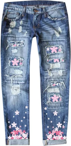 Ripped Jeans Womens Straight Leg Roll-up Denim Pants Classic Distressed Frayed Raw Hem Iron on Patches for Jeans