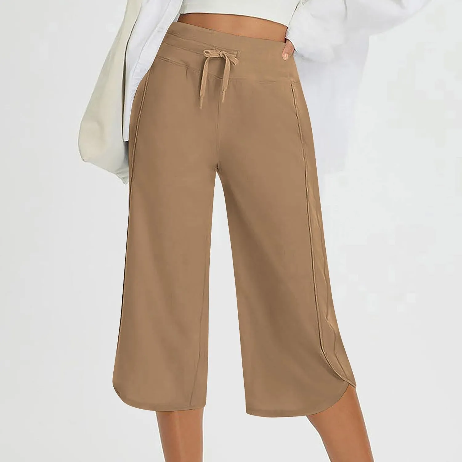 SHOPESSA Womens Capris for Summer Loose High Waisted Wide Leg Lounge Pants Casual Lightweight Drawstring Cropped Pants