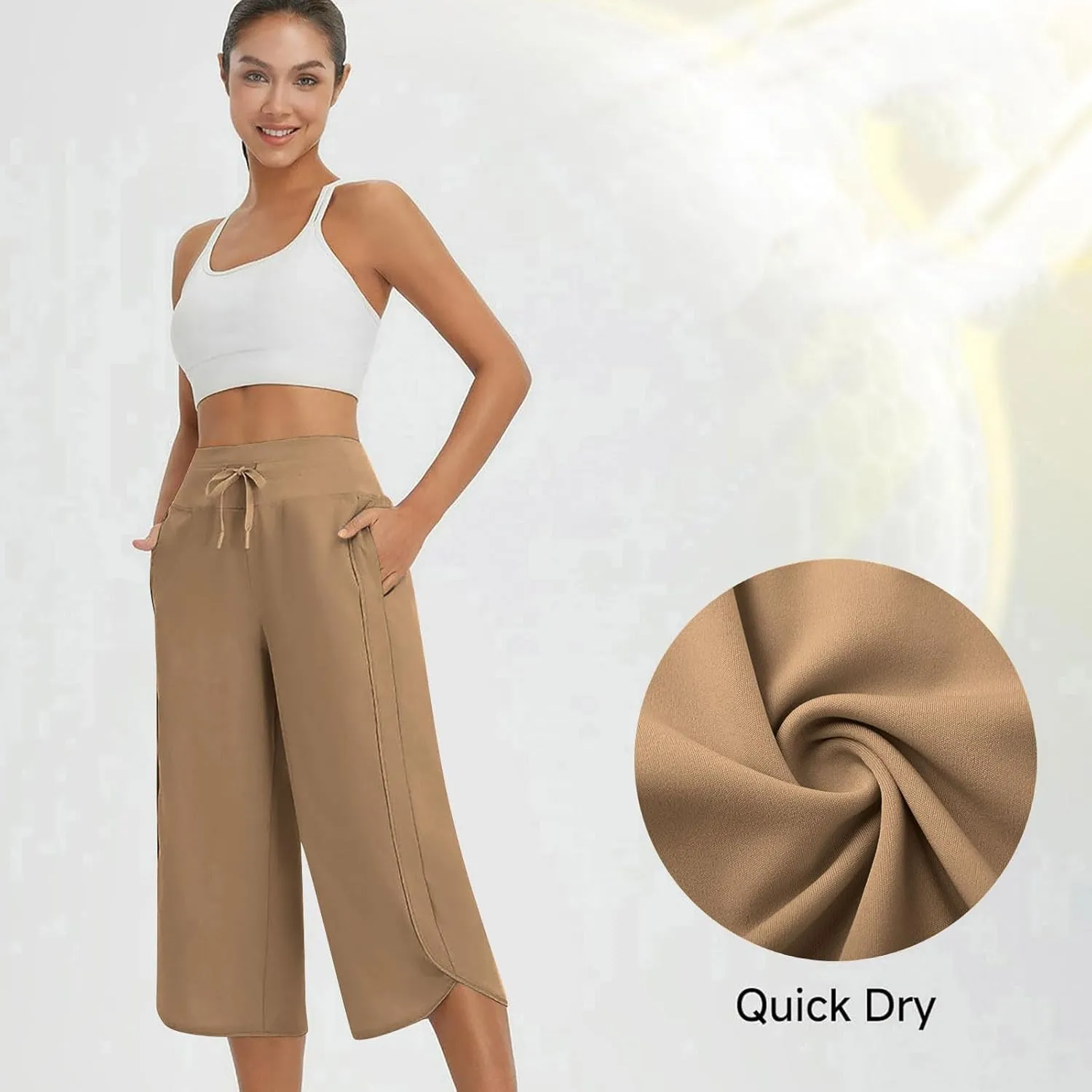 SHOPESSA Womens Capris for Summer Loose High Waisted Wide Leg Lounge Pants Casual Lightweight Drawstring Cropped Pants