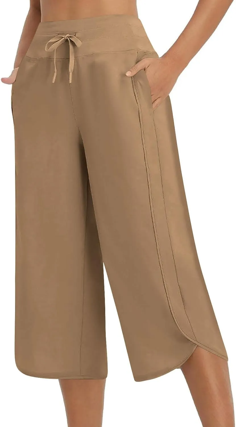 SHOPESSA Womens Capris for Summer Loose High Waisted Wide Leg Lounge Pants Casual Lightweight Drawstring Cropped Pants
