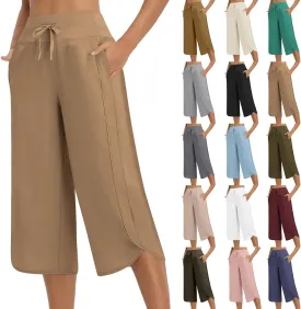 SHOPESSA Womens Capris for Summer Loose High Waisted Wide Leg Lounge Pants Casual Lightweight Drawstring Cropped Pants
