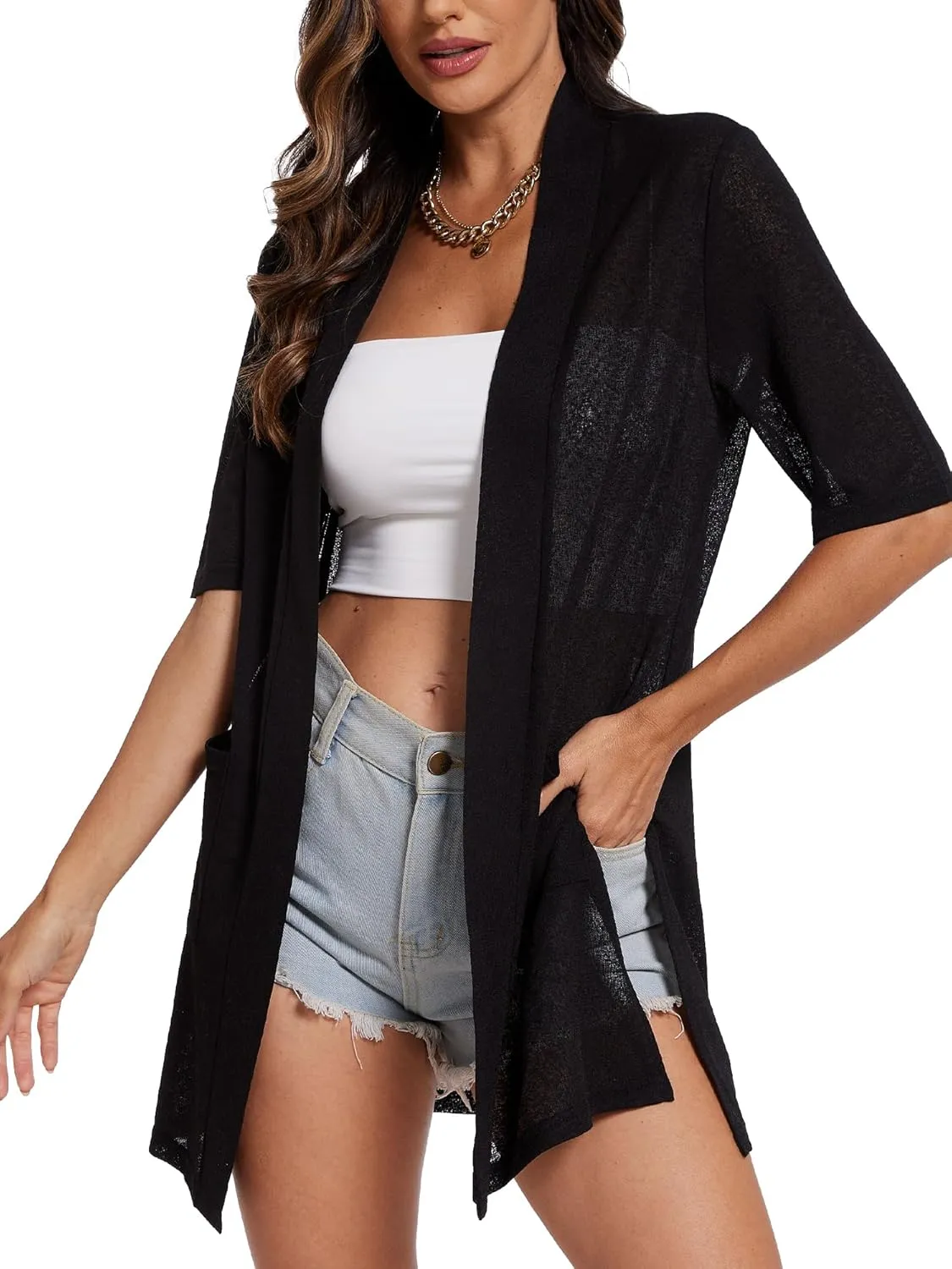 Spicy Sandia Women's Short Sleeve Sheer Summer Cardigans Lightweight Open Front Duster with Pockets