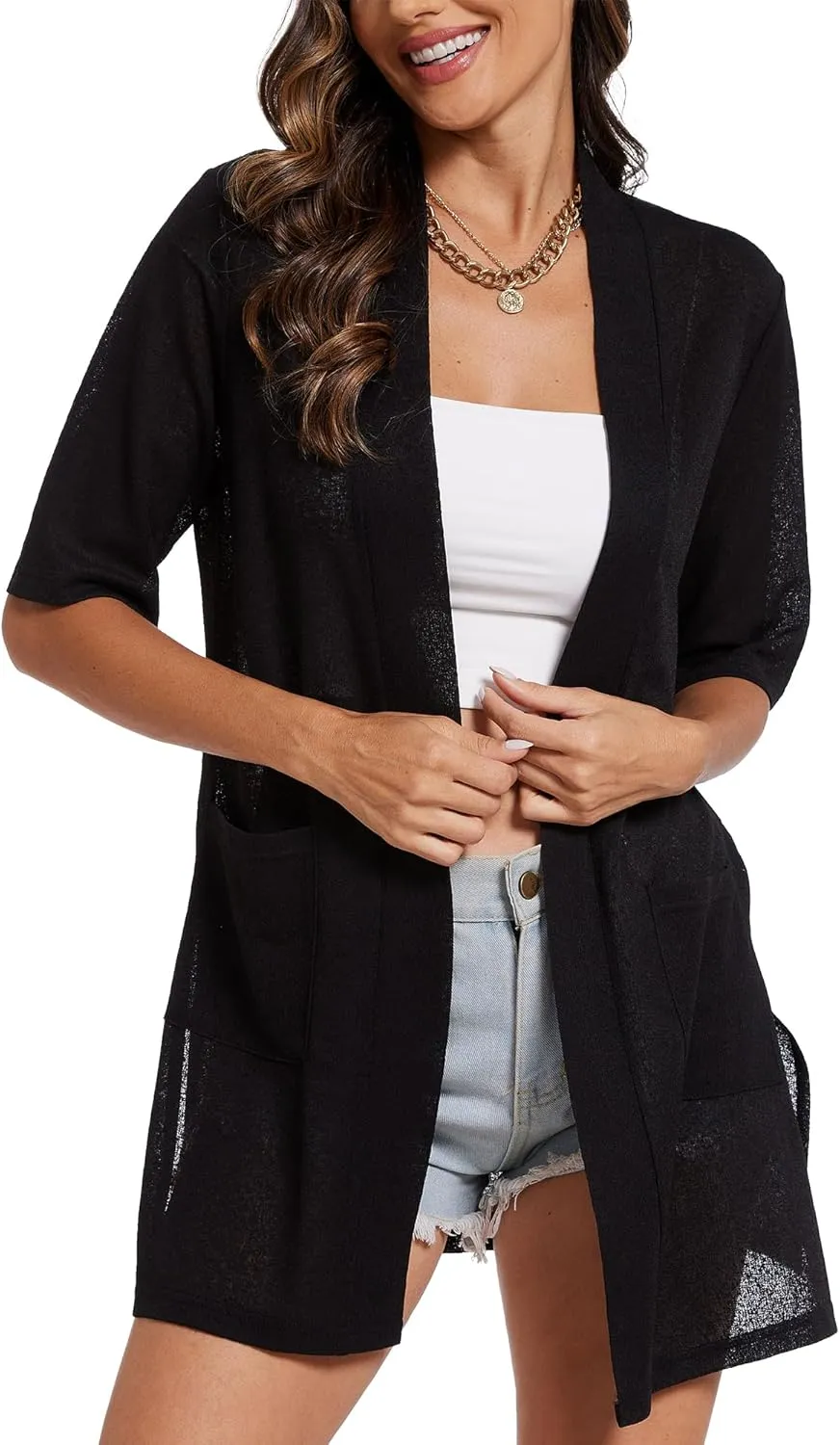 Spicy Sandia Women's Short Sleeve Sheer Summer Cardigans Lightweight Open Front Duster with Pockets