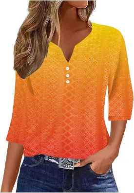 Summer Tops for Women 2025 Trendy 3/4 Sleeve v Neck Eyelet Shirts Dressy Casual Holiday Vacation Tunic Blouses