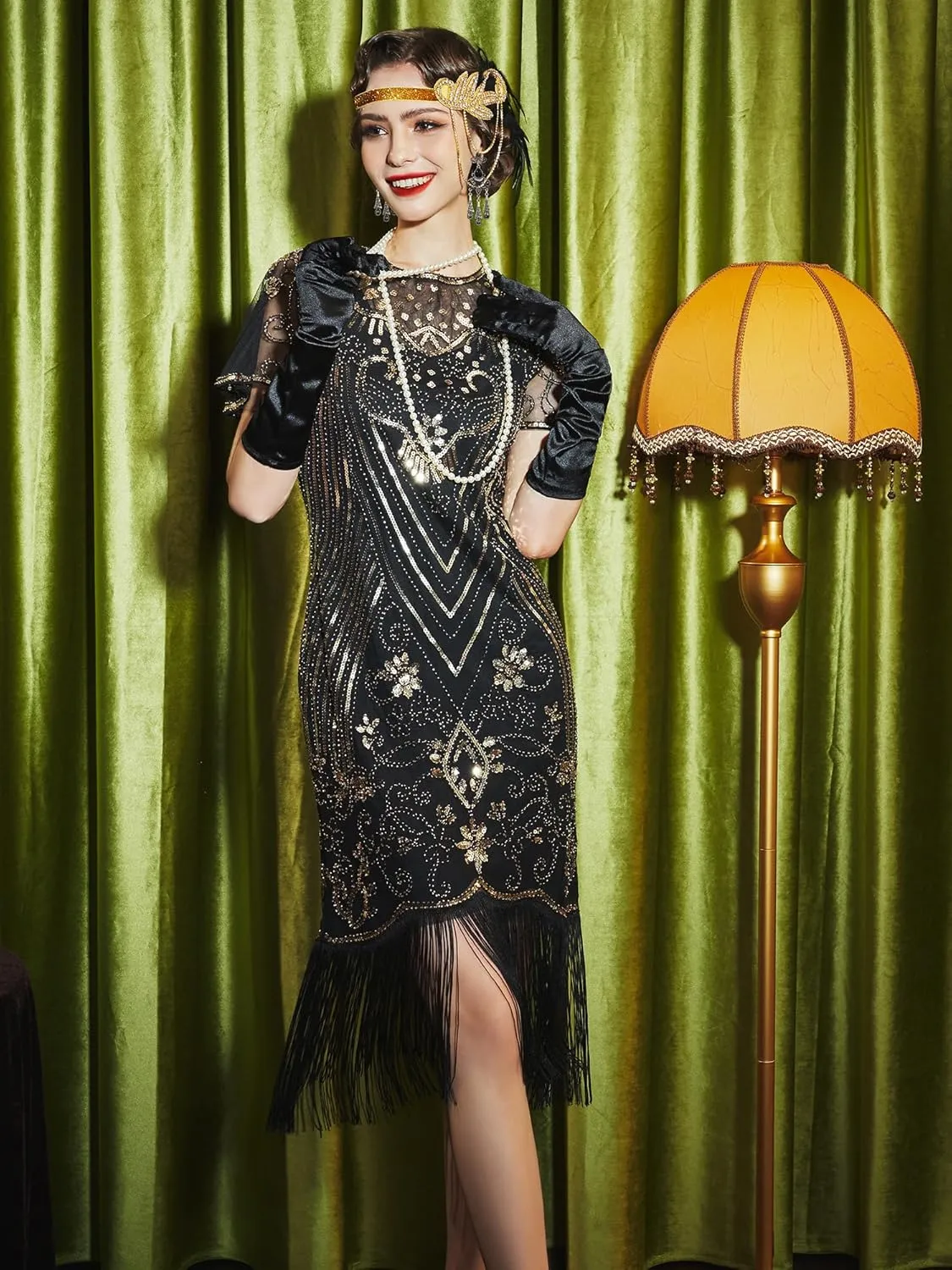 SWEETV Great Gatsby Lace Neck Flapper Dress - 1920s Dress for Women With Sleeve - Roaring 20s Costume