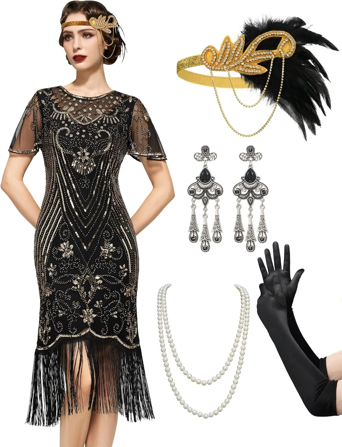 SWEETV Great Gatsby Lace Neck Flapper Dress - 1920s Dress for Women With Sleeve - Roaring 20s Costume