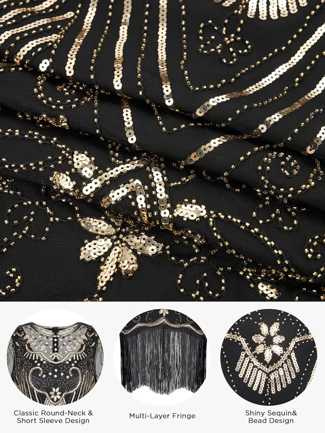 SWEETV Great Gatsby Lace Neck Flapper Dress - 1920s Dress for Women With Sleeve - Roaring 20s Costume