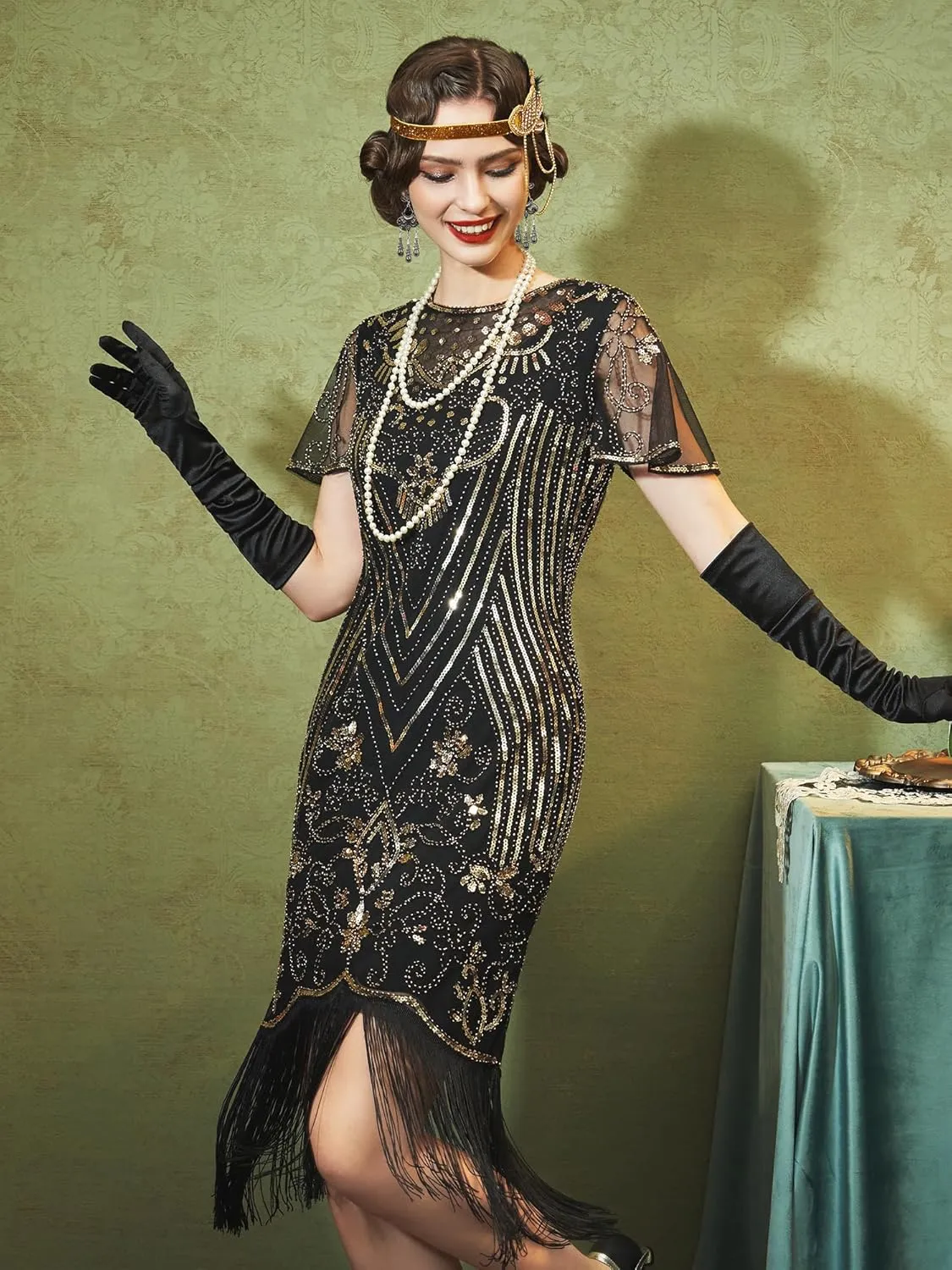 SWEETV Great Gatsby Lace Neck Flapper Dress - 1920s Dress for Women With Sleeve - Roaring 20s Costume