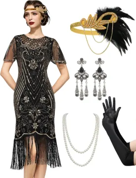 SWEETV Great Gatsby Lace Neck Flapper Dress - 1920s Dress for Women With Sleeve - Roaring 20s Costume