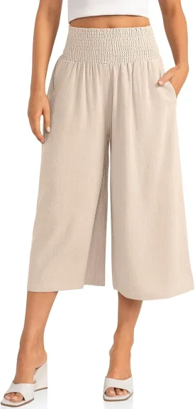 TARSE Womens Linen Palazzo Capri Pants Boho Summer Smocked High Waist Wide Leg Casual Loose Trousers with Pockets Flowy Pants
