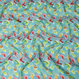 Turquoise Synthetic Chiffon Fabric with Exotic Bird and Floral Print, 140 cm Wide-D19124