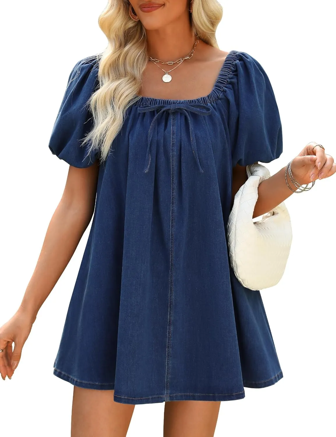 UAURORAO Womens Babydoll Denim Dress Puff Short Sleeve Swing Blue Jean Dresses Bow Tie Pleated Tunic Dress