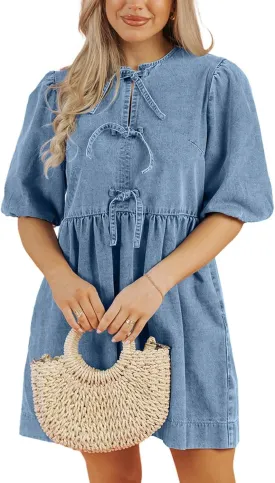 utcoco Women's 2025 Summer Casual Puff Sleeve Denim Dress Y2k Bow Tie Front Babydoll Jean Mini Dress with Pockets