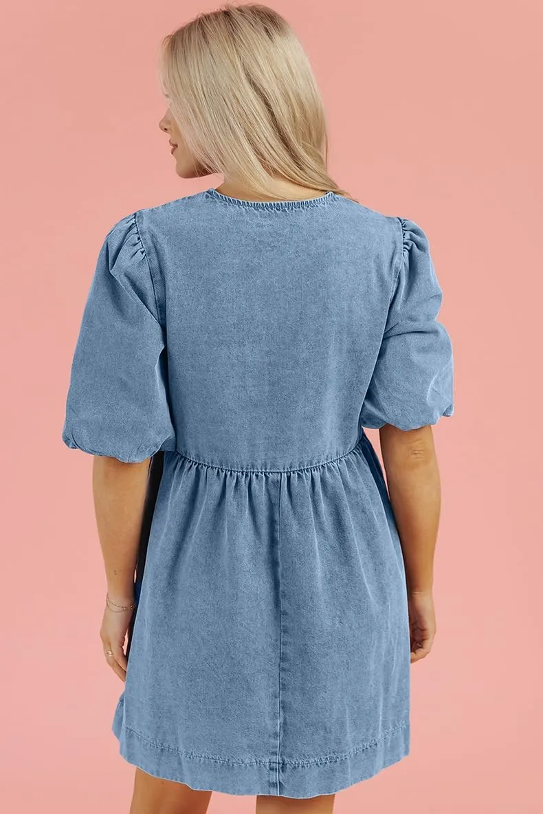 utcoco Women's 2025 Summer Casual Puff Sleeve Denim Dress Y2k Bow Tie Front Babydoll Jean Mini Dress with Pockets
