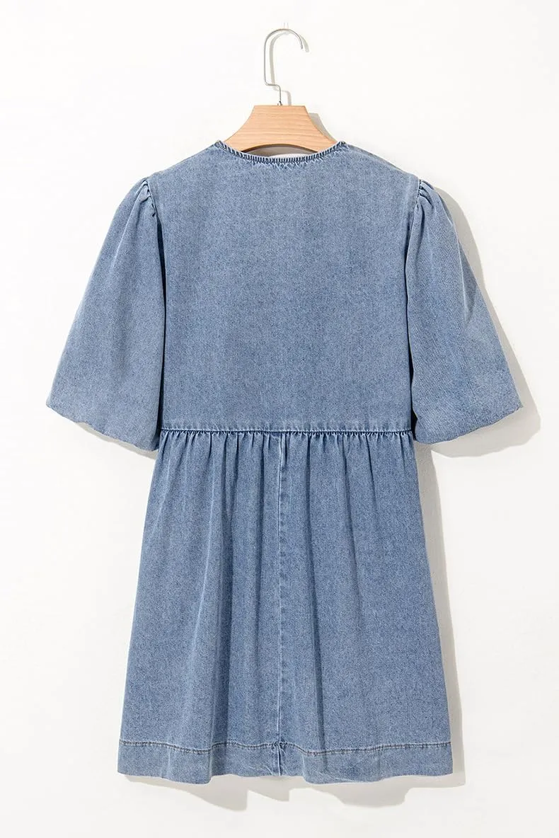 utcoco Women's 2025 Summer Casual Puff Sleeve Denim Dress Y2k Bow Tie Front Babydoll Jean Mini Dress with Pockets