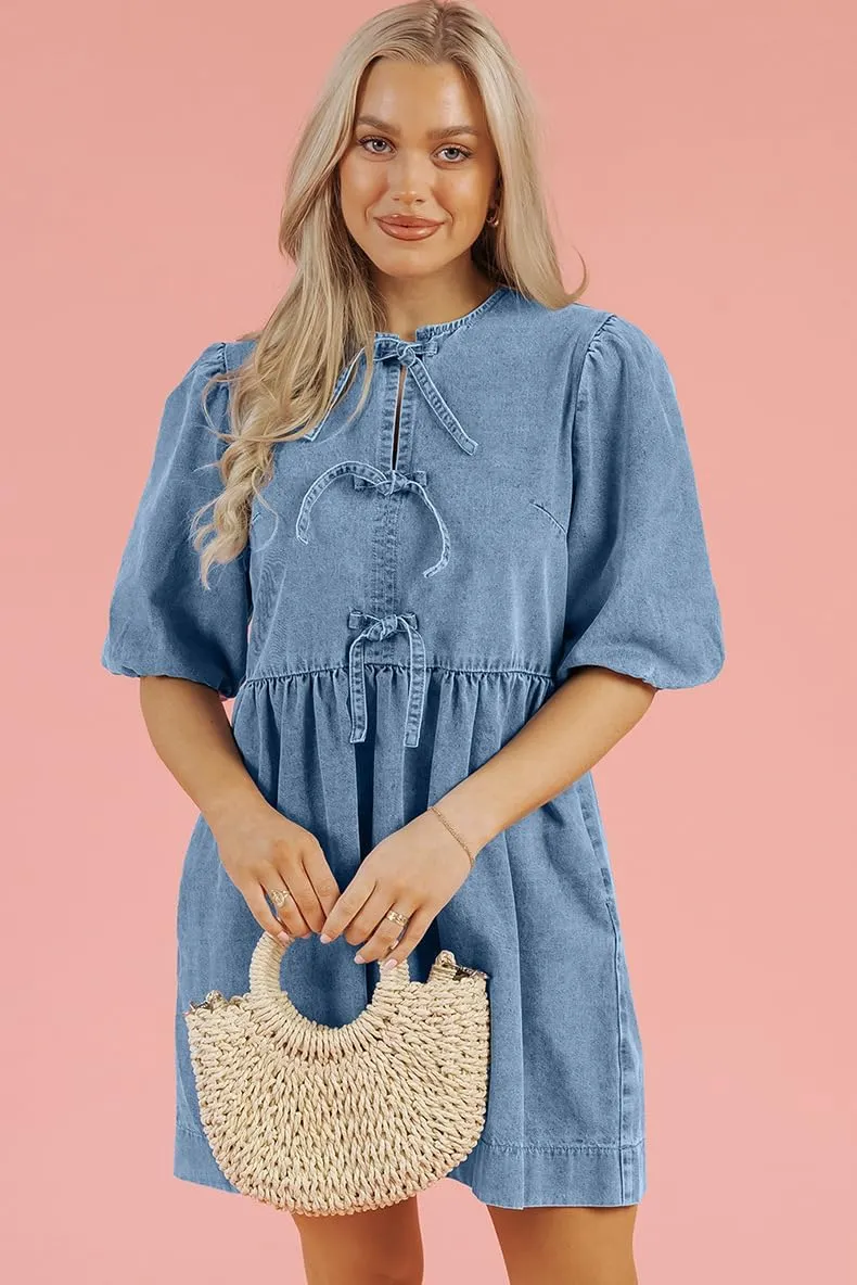 utcoco Women's 2025 Summer Casual Puff Sleeve Denim Dress Y2k Bow Tie Front Babydoll Jean Mini Dress with Pockets