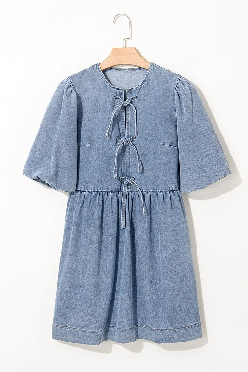 utcoco Women's 2025 Summer Casual Puff Sleeve Denim Dress Y2k Bow Tie Front Babydoll Jean Mini Dress with Pockets