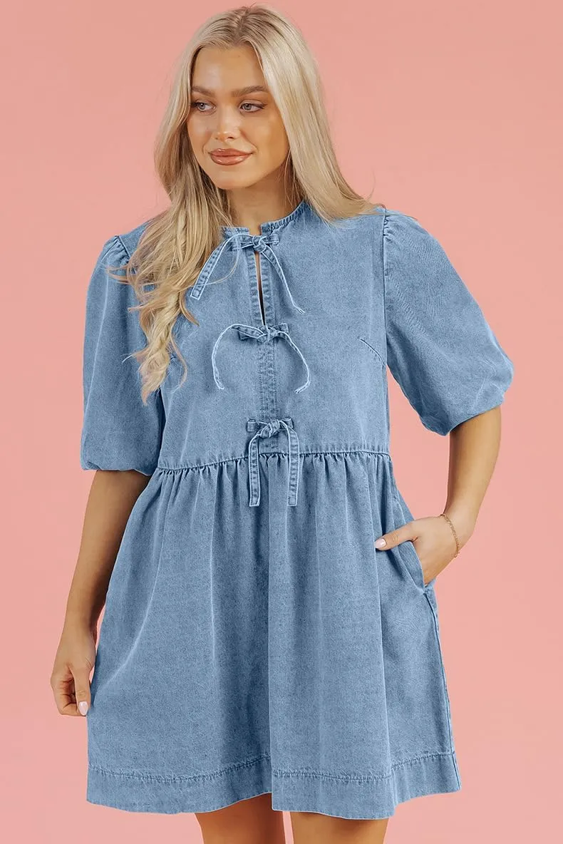 utcoco Women's 2025 Summer Casual Puff Sleeve Denim Dress Y2k Bow Tie Front Babydoll Jean Mini Dress with Pockets