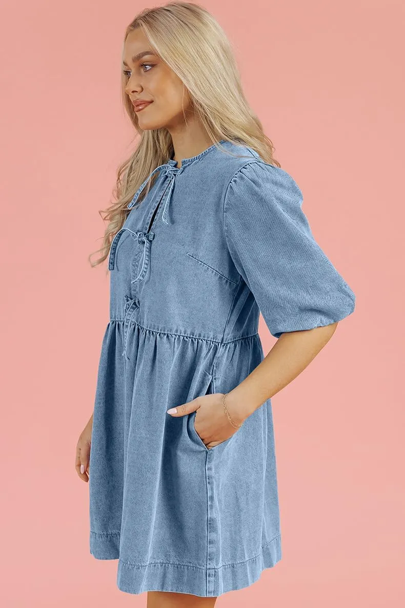 utcoco Women's 2025 Summer Casual Puff Sleeve Denim Dress Y2k Bow Tie Front Babydoll Jean Mini Dress with Pockets