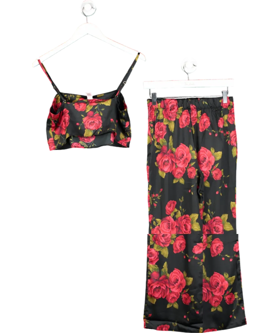 Victoria's Secret Black Glamorous Rose Satin Cropped Pyjama Set UK XS