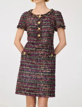Weill Paris Multicolored Tweed Dress with Gold Button Accents